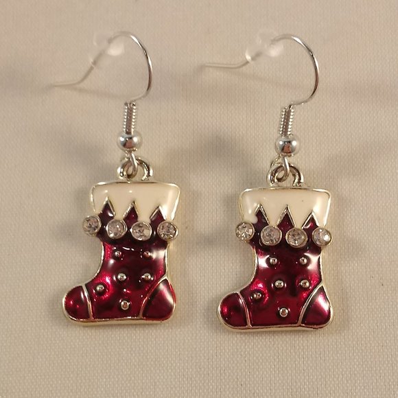 Silver Red Santa Boots Christmas Stockings Crystal Earrings New Holiday Festive - Picture 2 of 2